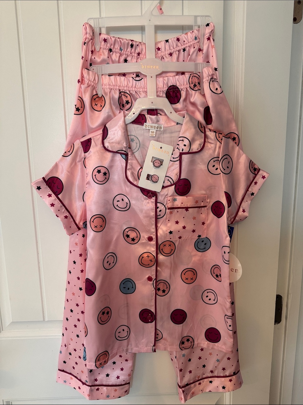 btween Pink Satin Smile Face 3 piece Pajama Set with Multicolor Faces